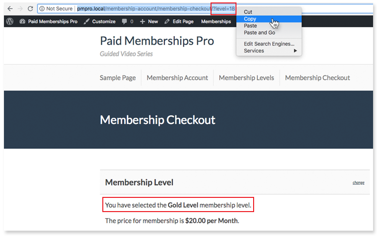 Screenshot of admin copying the URL of a Paid Memberships Pro Checkout page