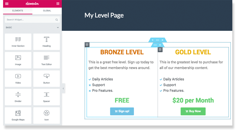 Screenshot of admin developing a membership level page using a page builder.