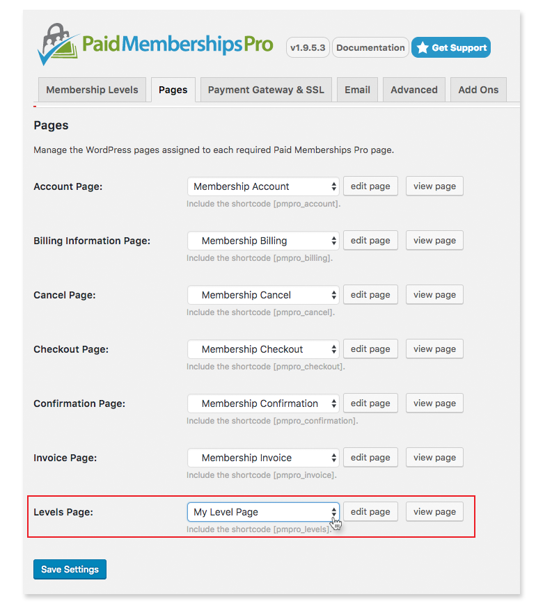 Admin seeting Paid Memberships Pro Default Levels Page