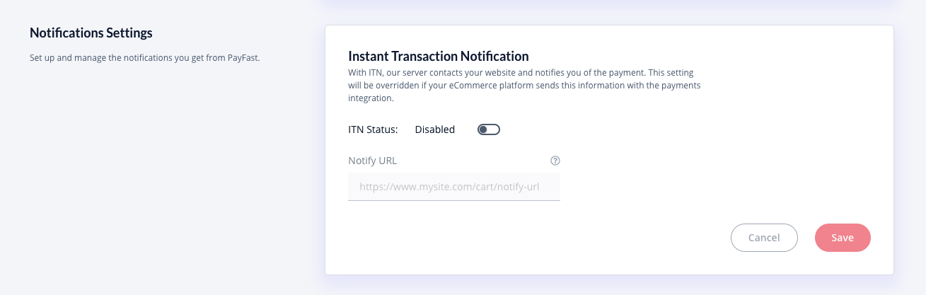 Screenshot of the Notification Settings > ITN section of Payfast Gateway Account