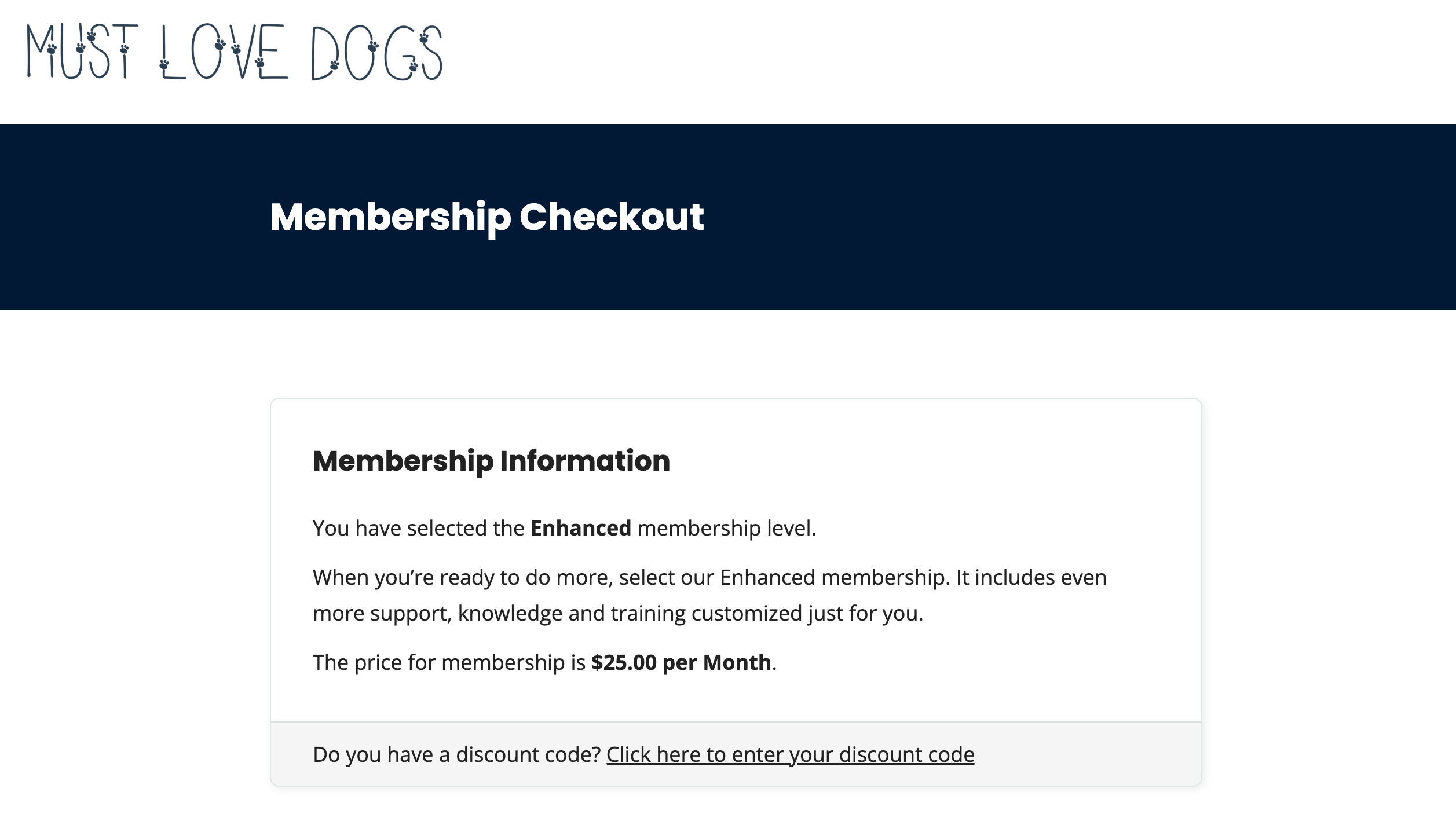 Screenshot of a membership checkout page with CSS added to hide the full site navigation menu and bring conversion form higher up on the page