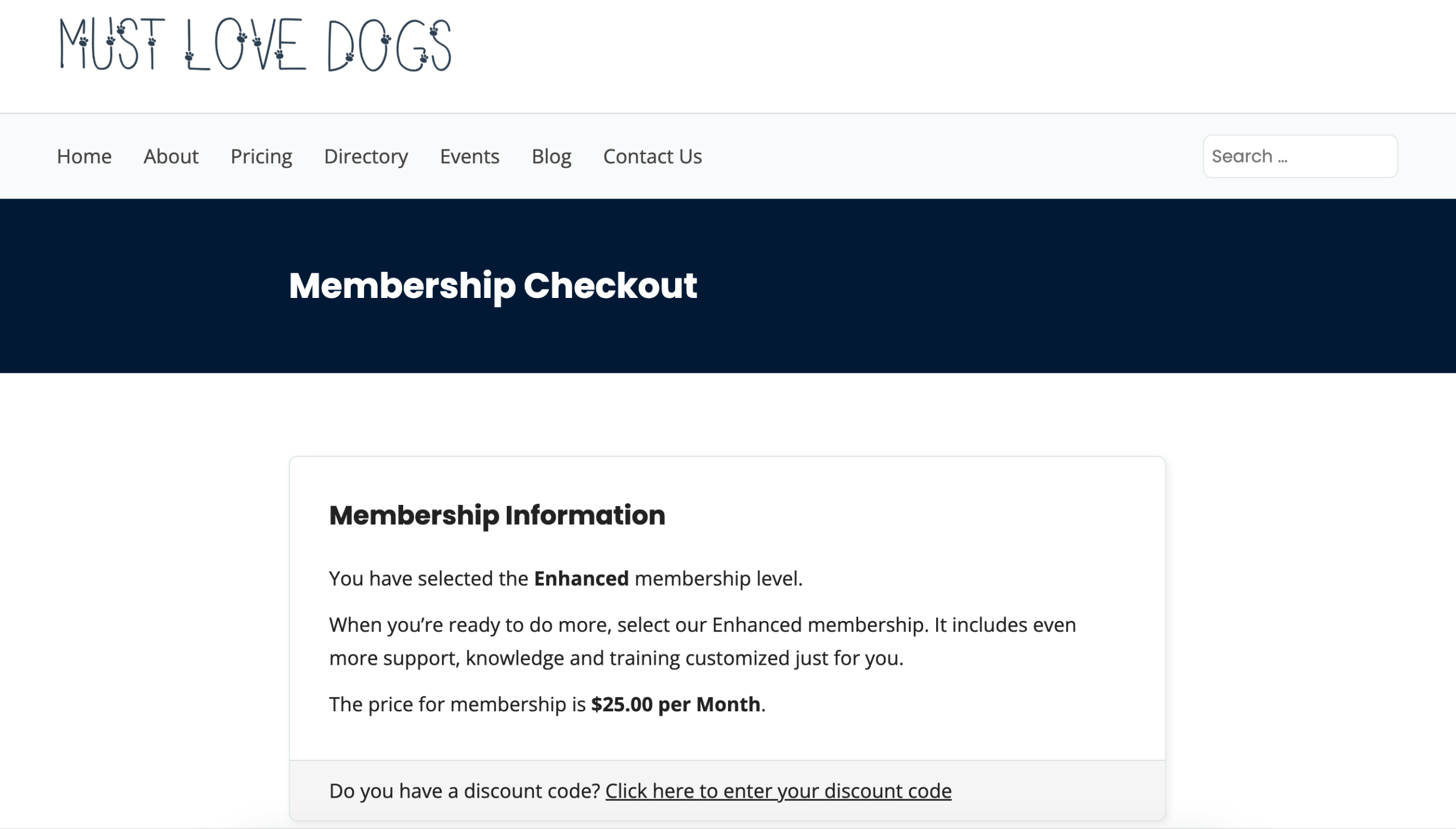 Screenshot of a membership checkout page for a website showing their full site navigation menu before the conversion form