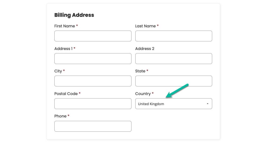 Screenshot of PMPro Checkout With Default Country Selected