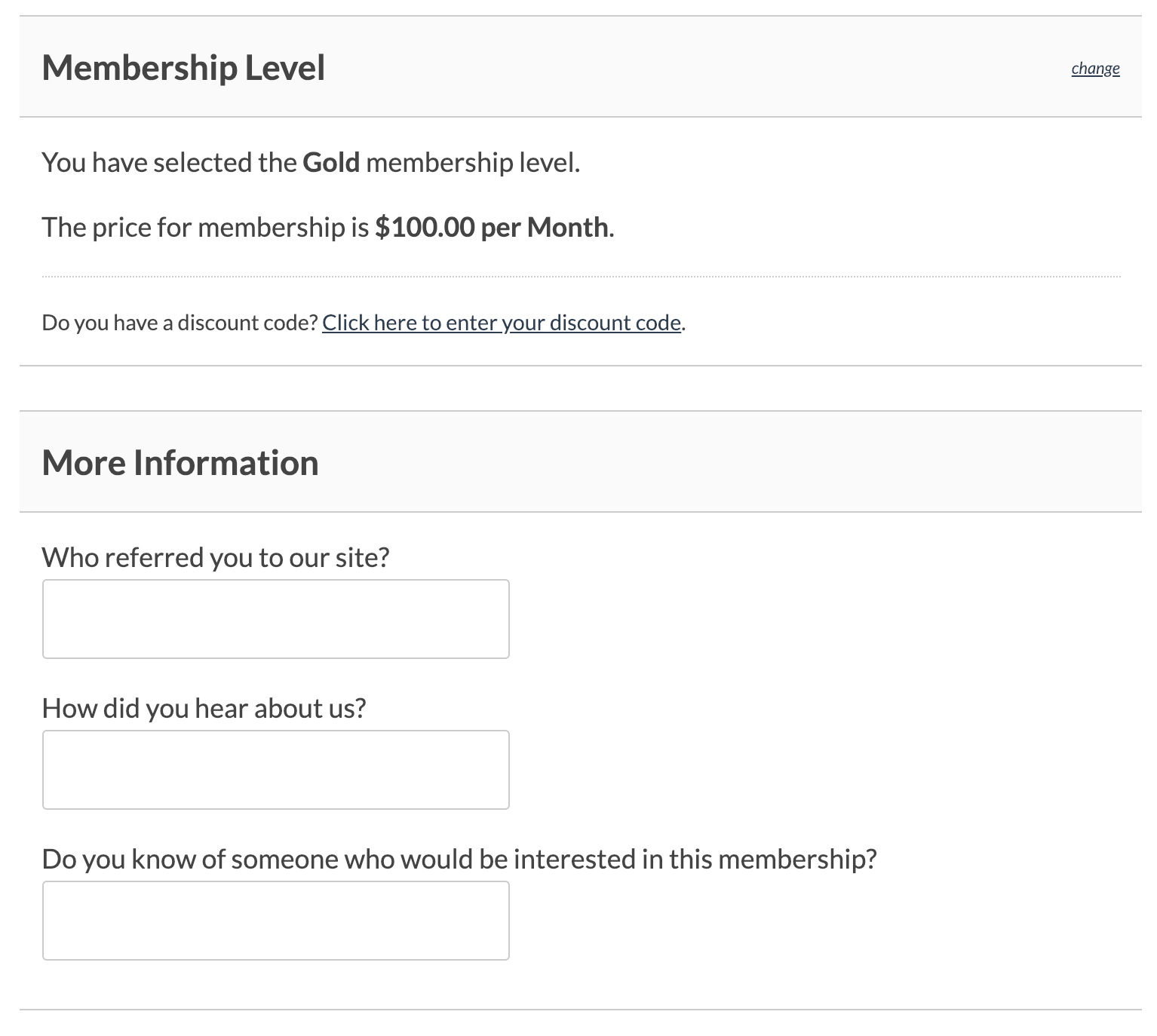 Screenshot of Membership Checkout with some example referral fields