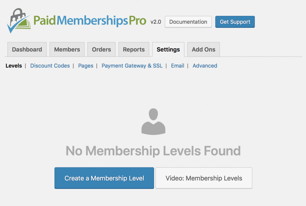 Settings Page: Membership Levels (new install)