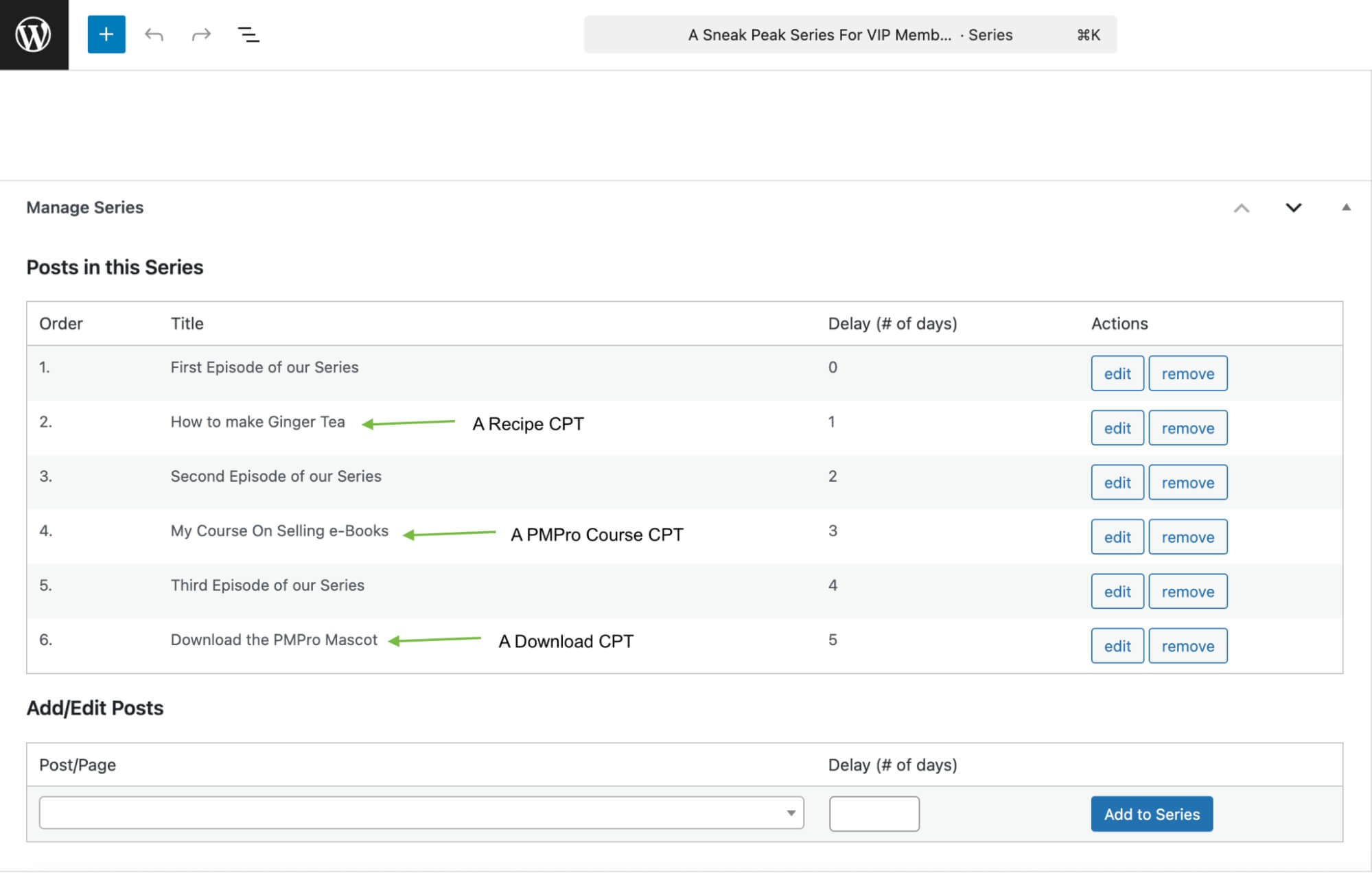 Series editor showing custom post types available for drip scheduling
