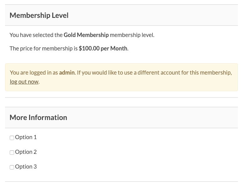 Example membership checkout page with checkbox field types.