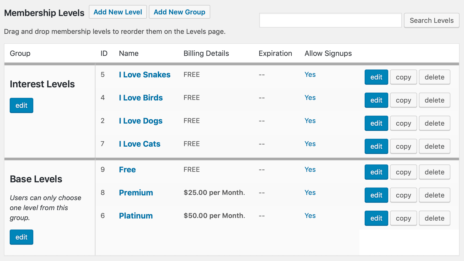 Membership Levels Admin Page Shows Groups
