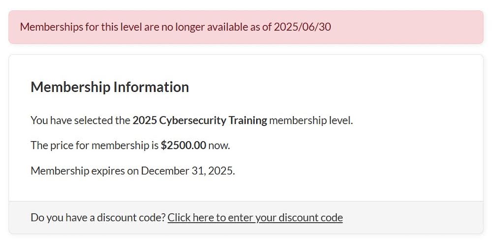 Message shown to user that memberships are no longer available after a certain date