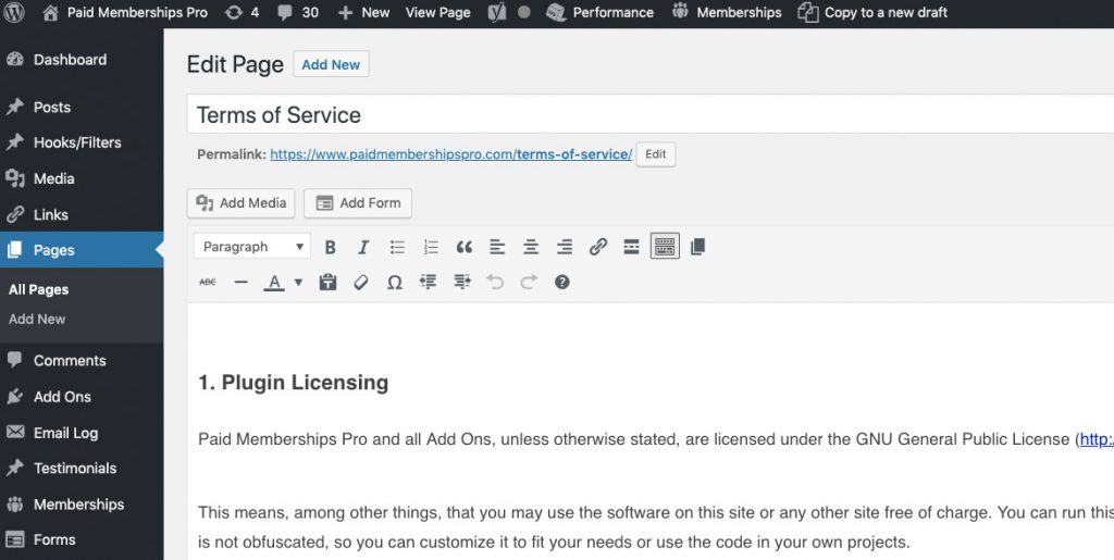 Paid Memberships Pro - Terms and Cnditions Page