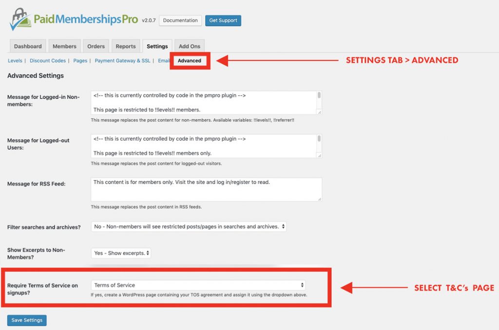 Paid Memberships Pro Terms of Service settings