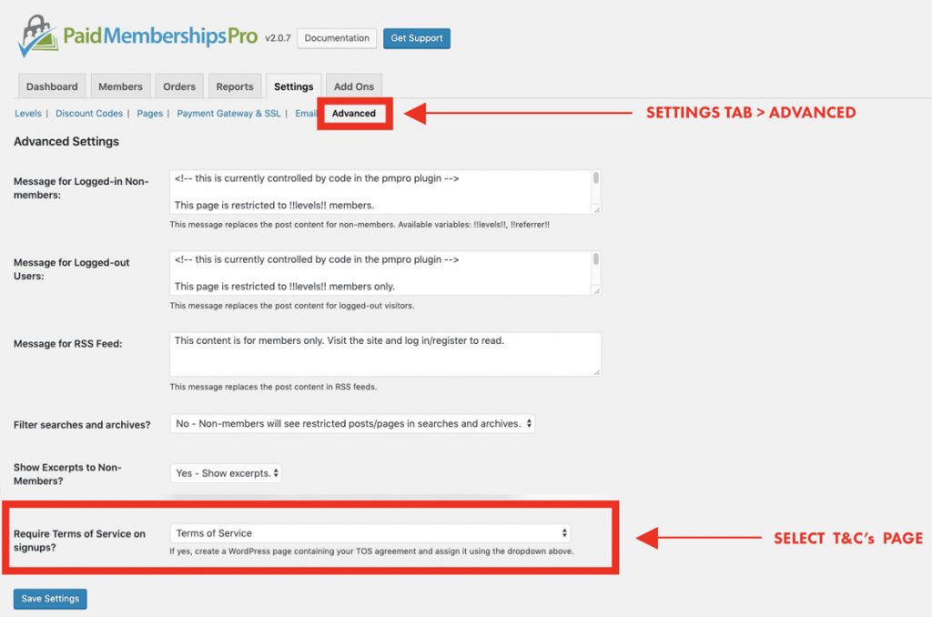 Paid Memberships Pro Terms of Service settings