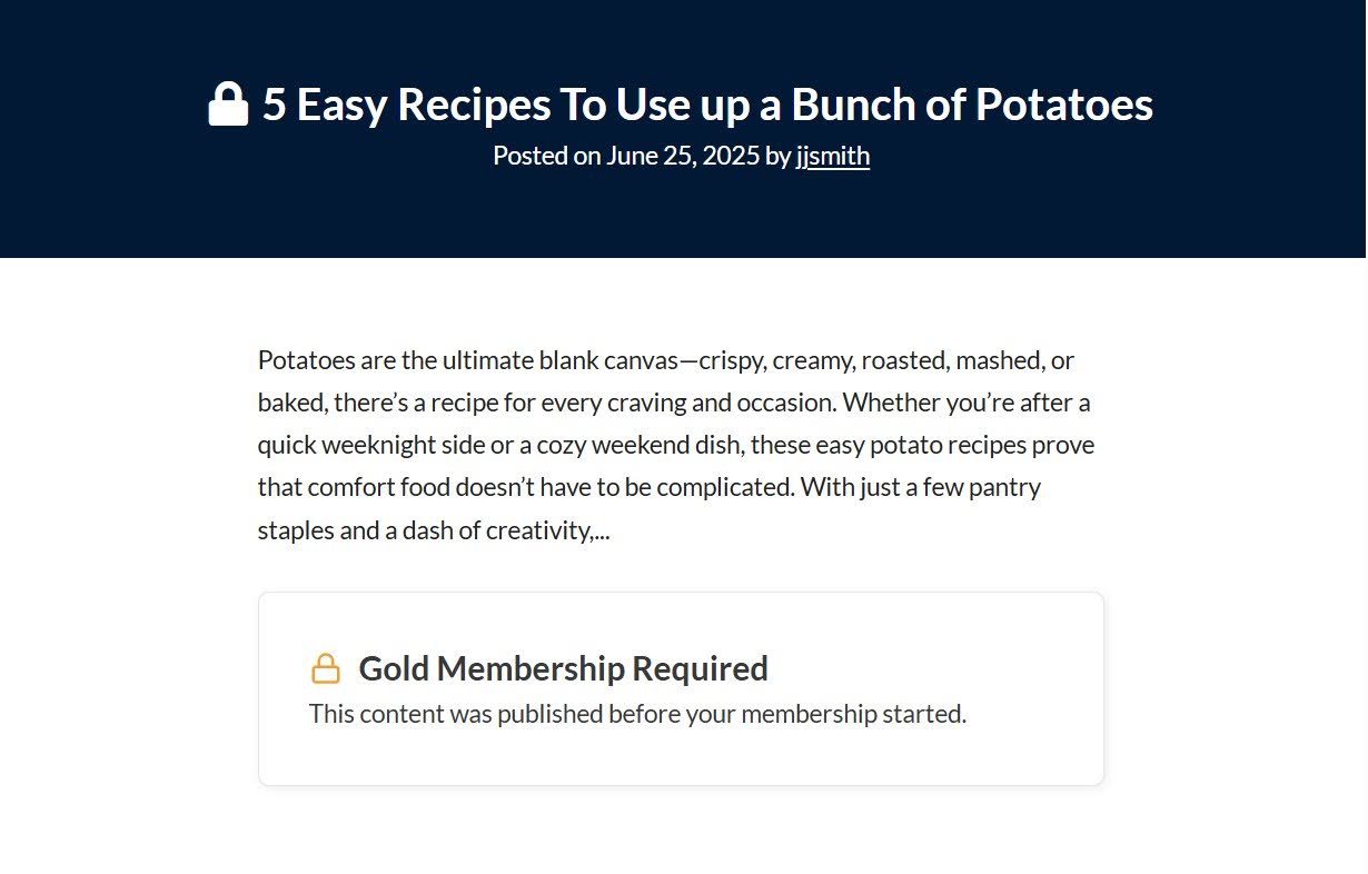 Screenshot showing a Paid Memberships Pro post restricted because it was published before the member’s join date.
