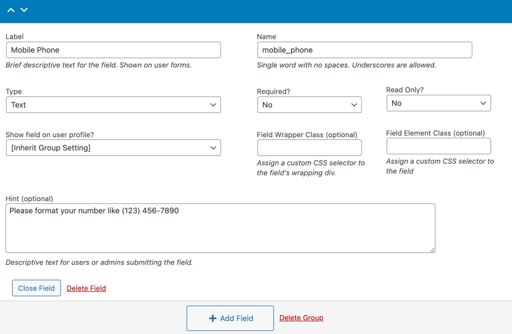 Edit User Fields to Add Phone Number