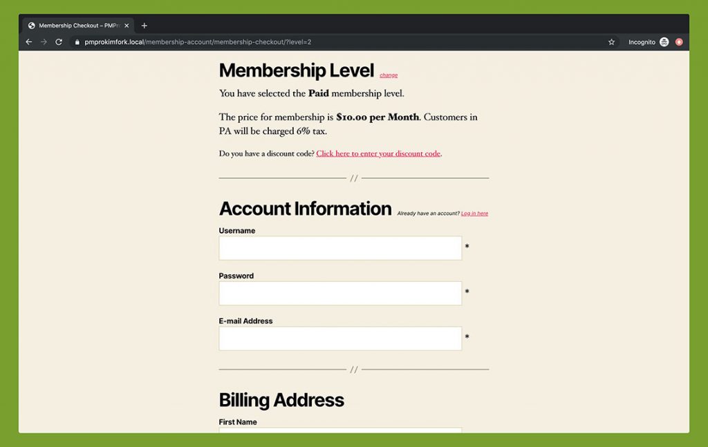 Membership Checkout - Twenty Twenty Theme