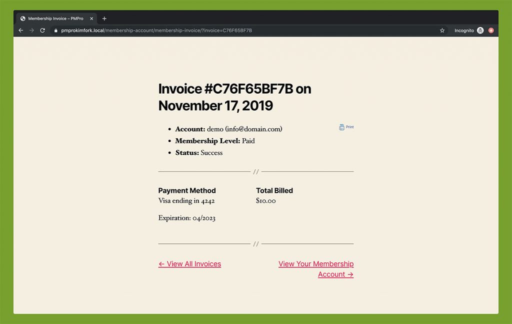 Membership Invoice - Twenty Twenty Theme