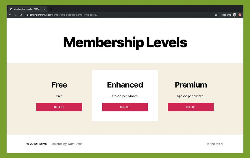 Membership Advanced Levels Shortcode - Twenty Twenty Theme