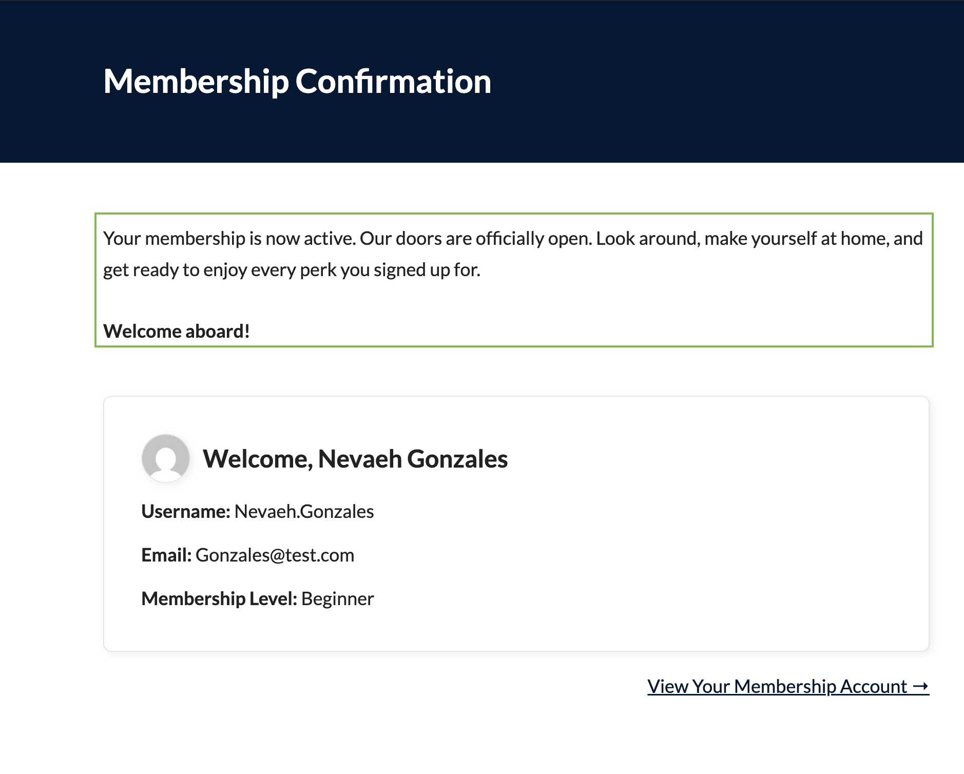 Screenshot of the Membership Confirmation page on the frontend of a PMPro site utilizing the HTML code example to customize the message.