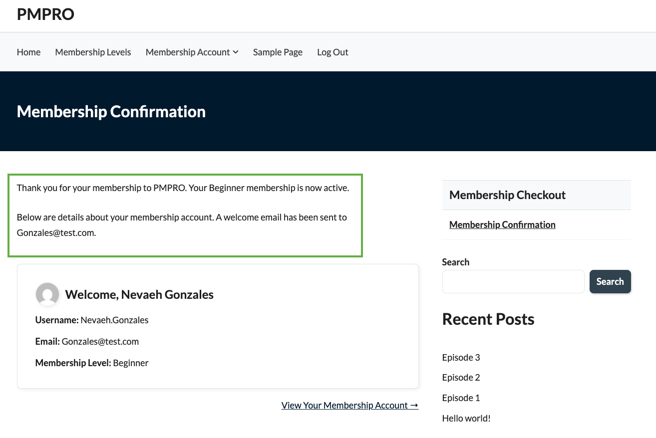 Screenshot of the Membership Confirmation page on the frontend of a PMPro site using the default message.