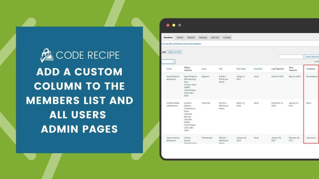 Add Custom Column to Members List and All Users Admin Page Code Recipe Banner Image