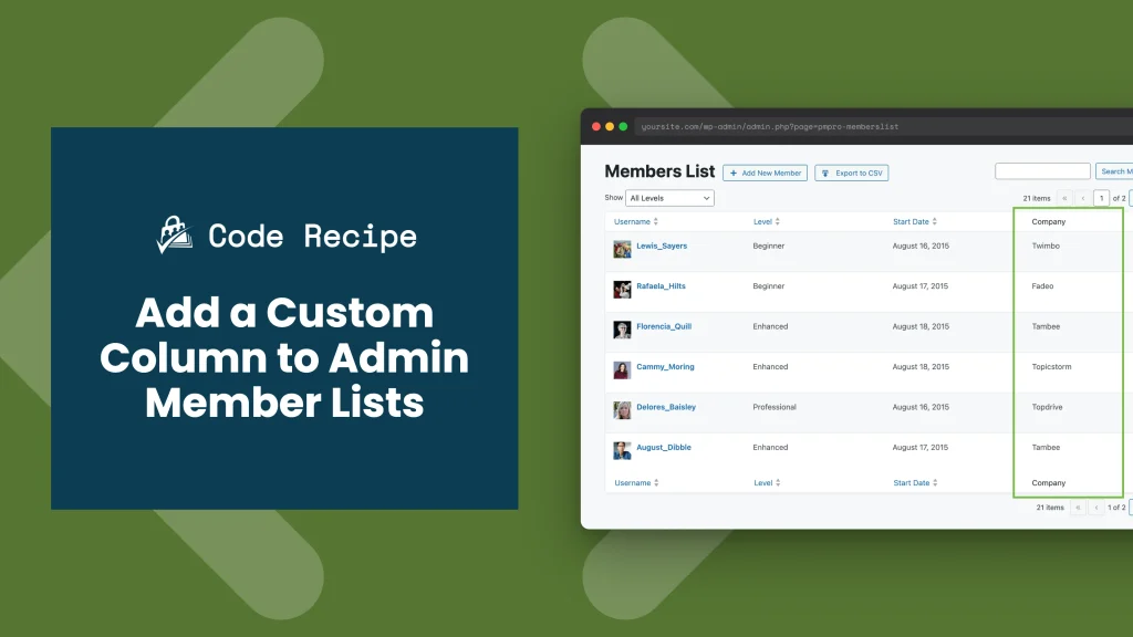 Code recipe thumbnail showing a WordPress Users admin list with a highlighted custom Company column