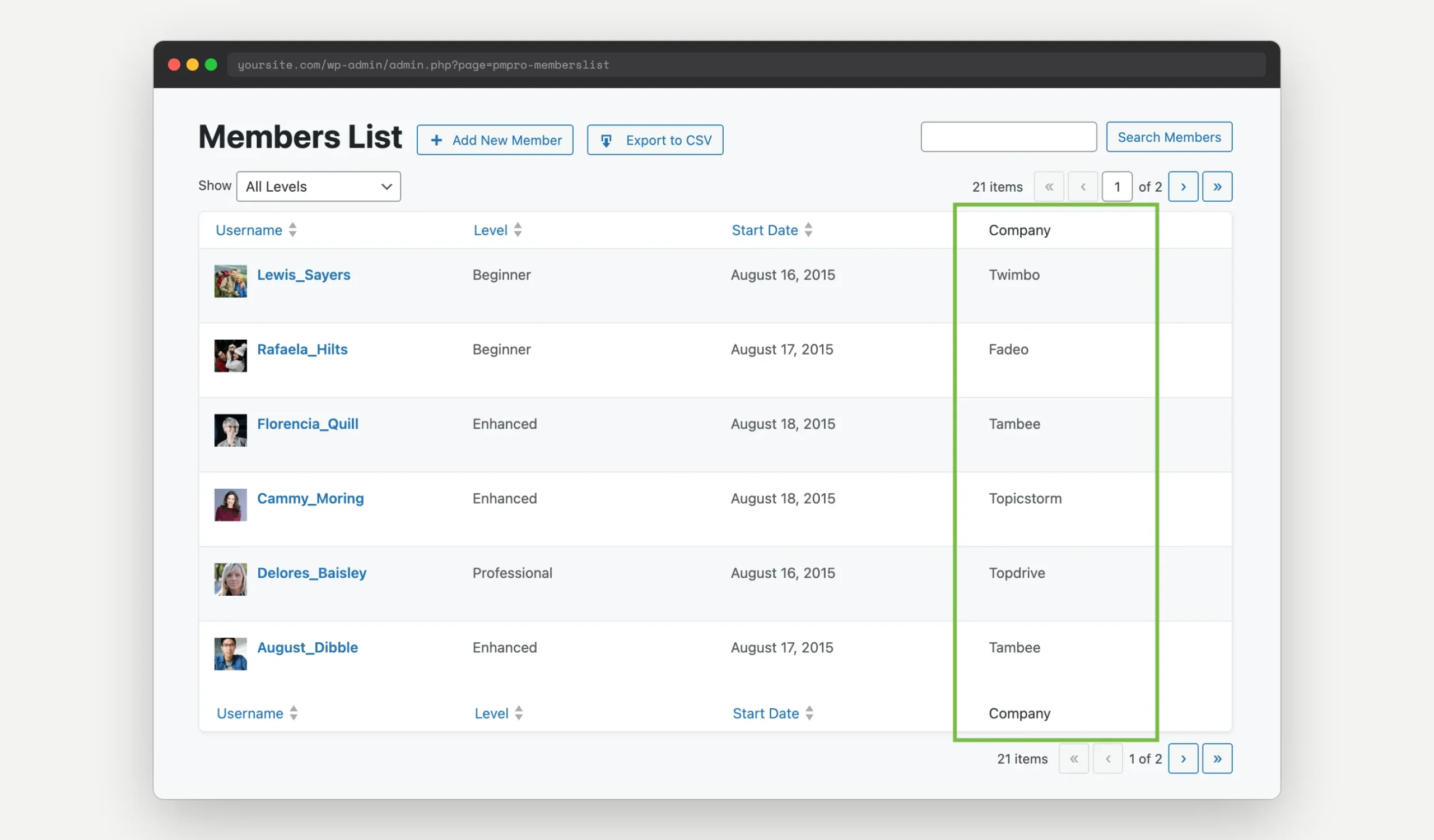 PMPro Members List admin screen with a custom Company column highlighted