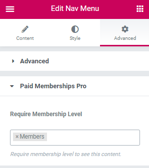 Elementor Nav Menu Widget > Advanced Tab > Paid Memberships Pro section