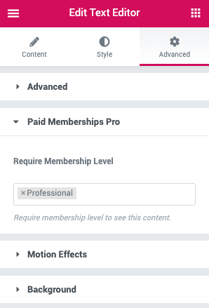 Elementor Advanced Tab "Paid Memberships Pro" settings.