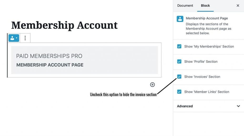 Screenshot to uncheck "Show Invoices Section" on the Membership Account Page