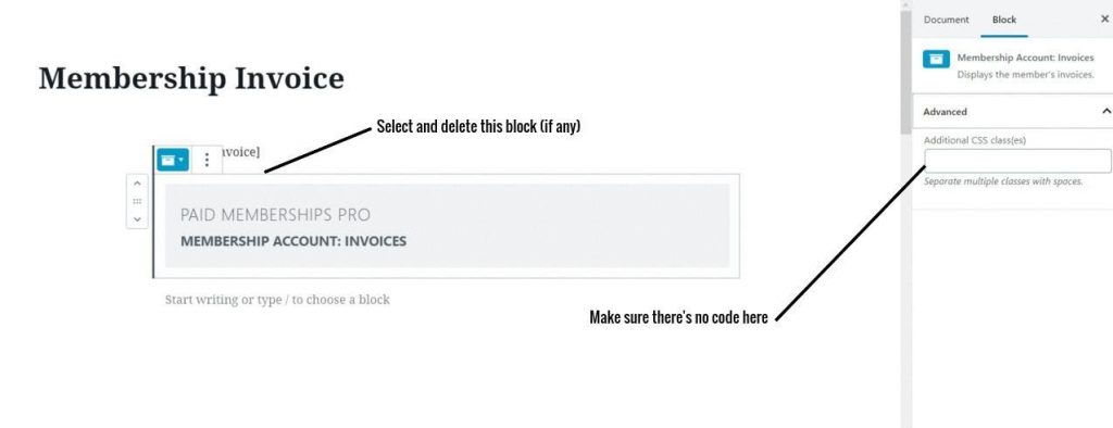 Screenshot to remove any block or shortcode under the membership invoice page