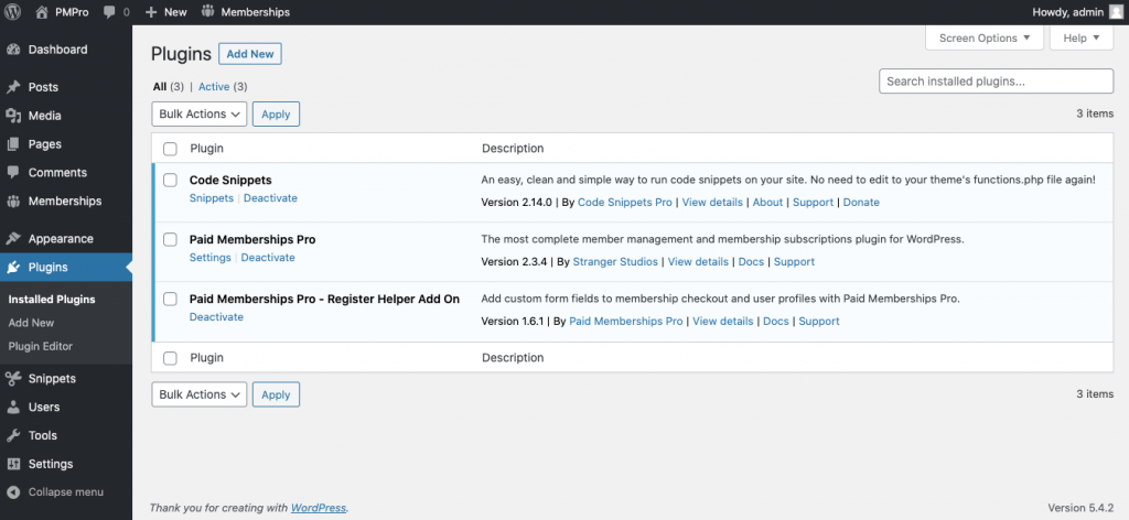 WordPress Dashboard screenshot. Displaying Paid Memberships Pro, Register Helper, and the Code Snippets plugin.