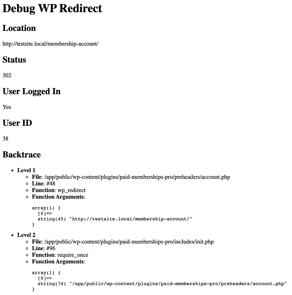 Debug report using the Debug WP Redirect plugin