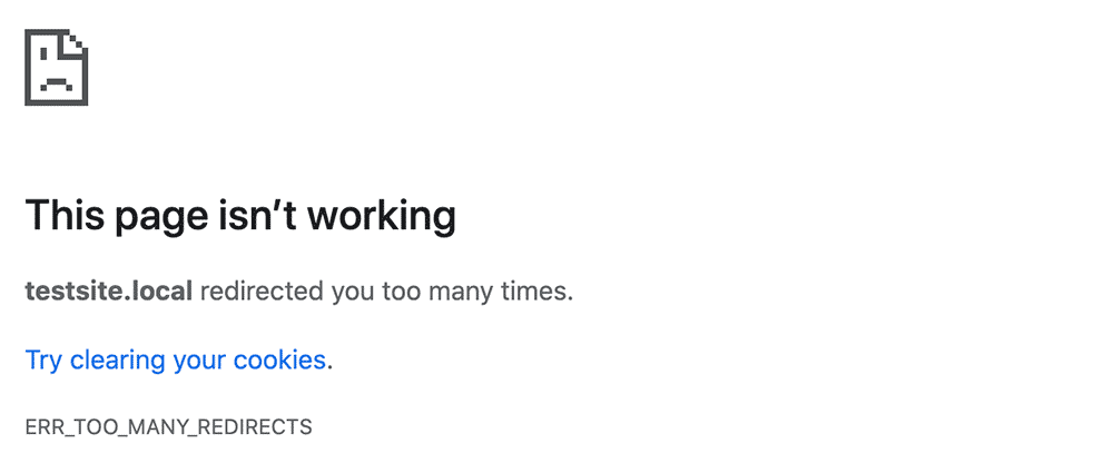 Screenshot of the ERR_TOO_MANY_REDIRECTS browser screen.