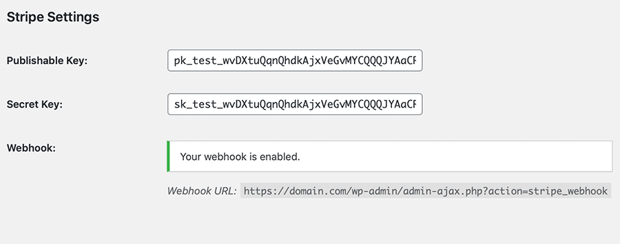 Stripe Gateway Settings: Webhook is Enabled