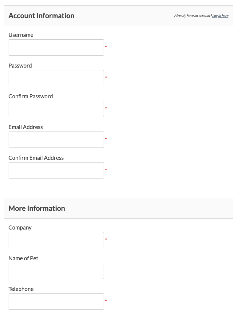 Example of a membership checkout page with multiple user fields