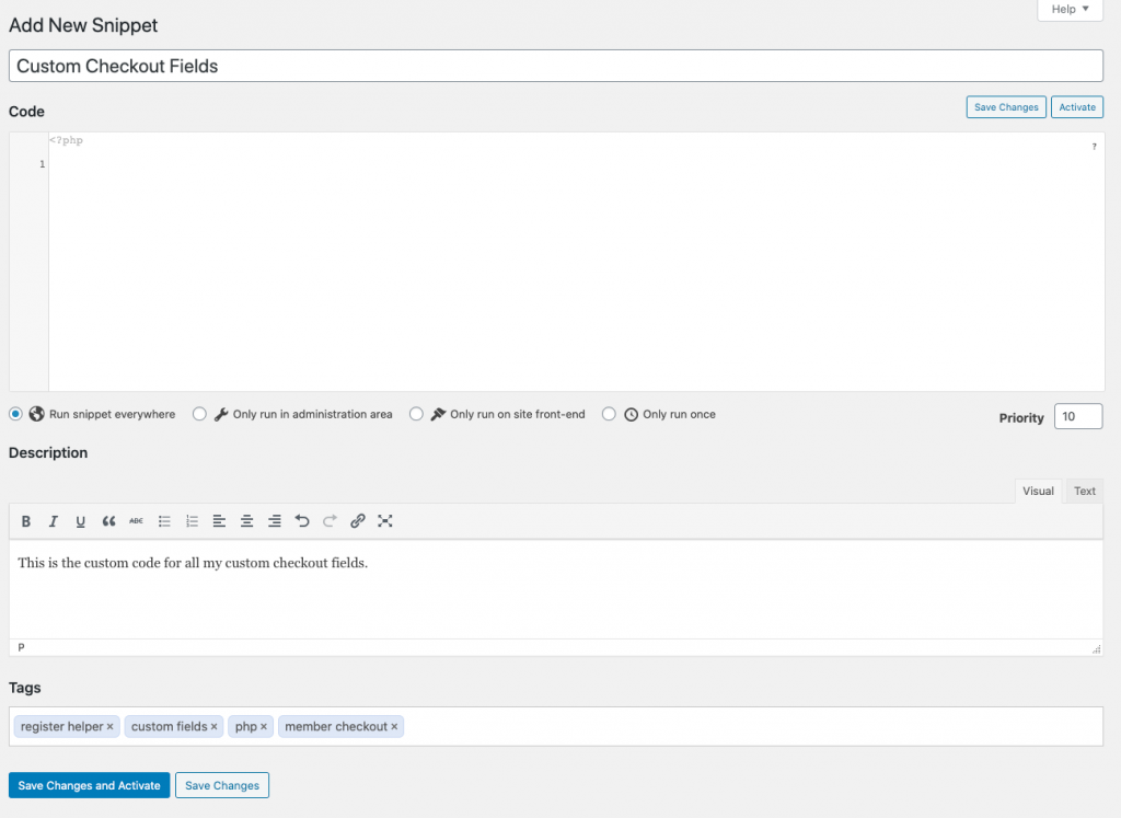 Screenshot of the Code Snippets > Add New Snippet screen in the WordPress admin.