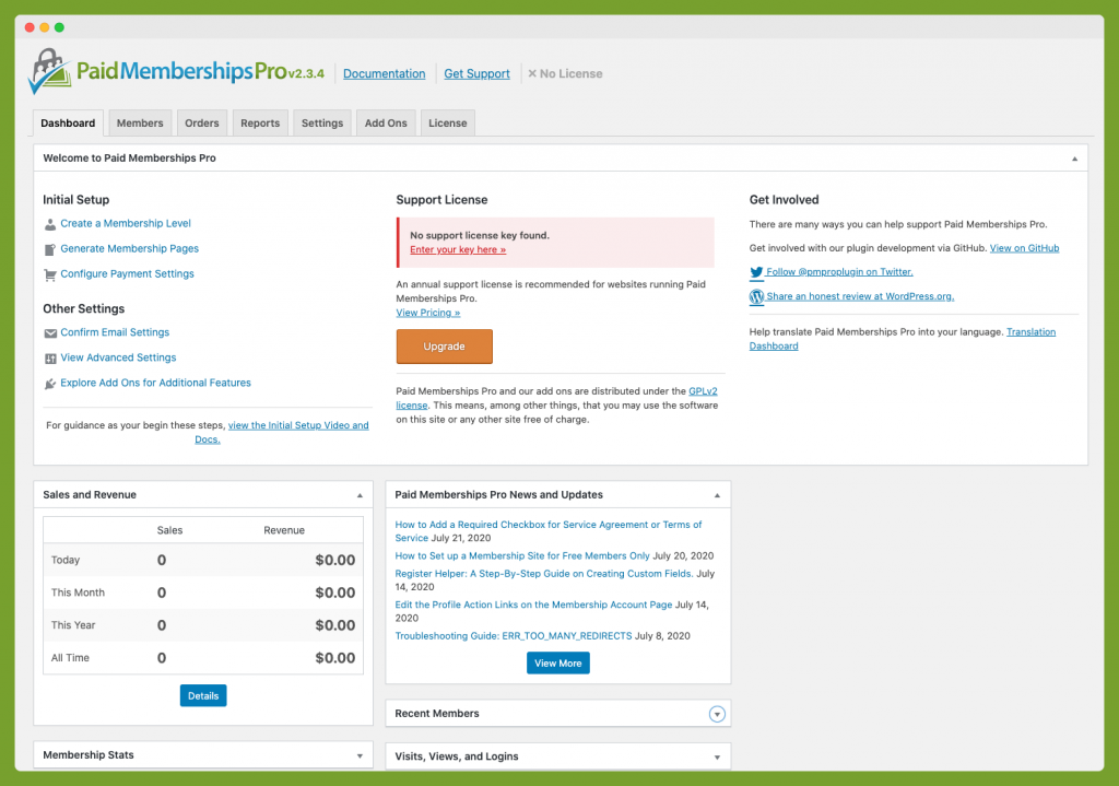 Screenshot of Memberships Dashboard without a License Key Activated