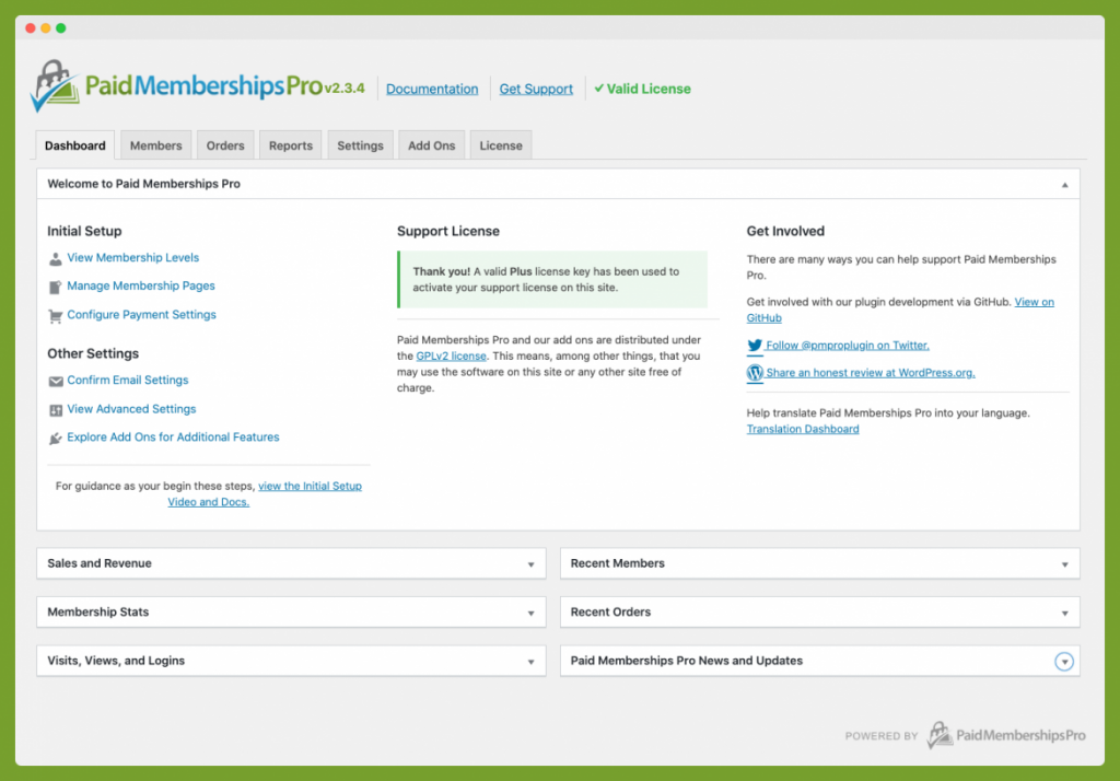 Screenshot of Memberships Dashboard with a License Key Activated