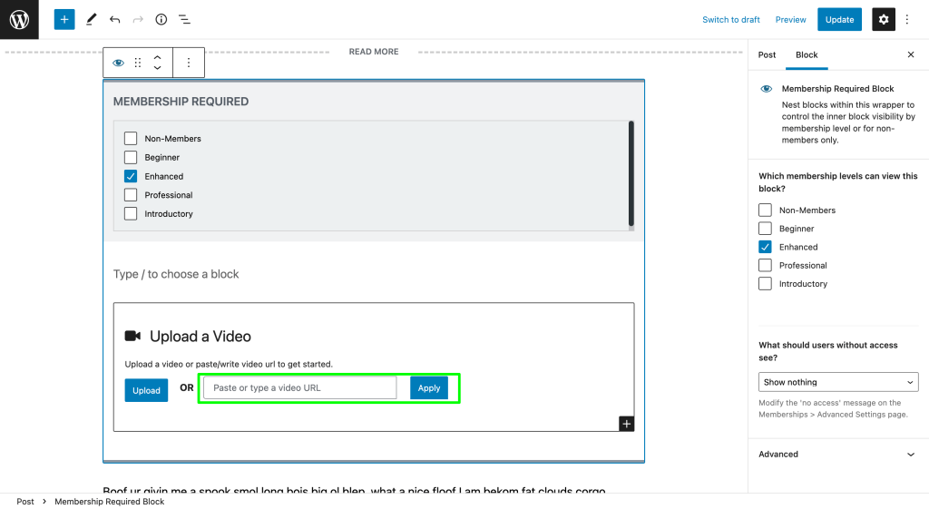 Screenshot of editing a post in WordPress to add the video block with PMPro content restrictions