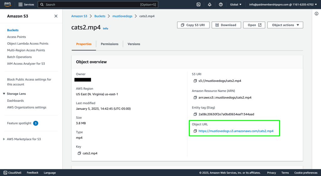Screenshot highlighting the Amazon S3 Must Love Dogs example Bucket