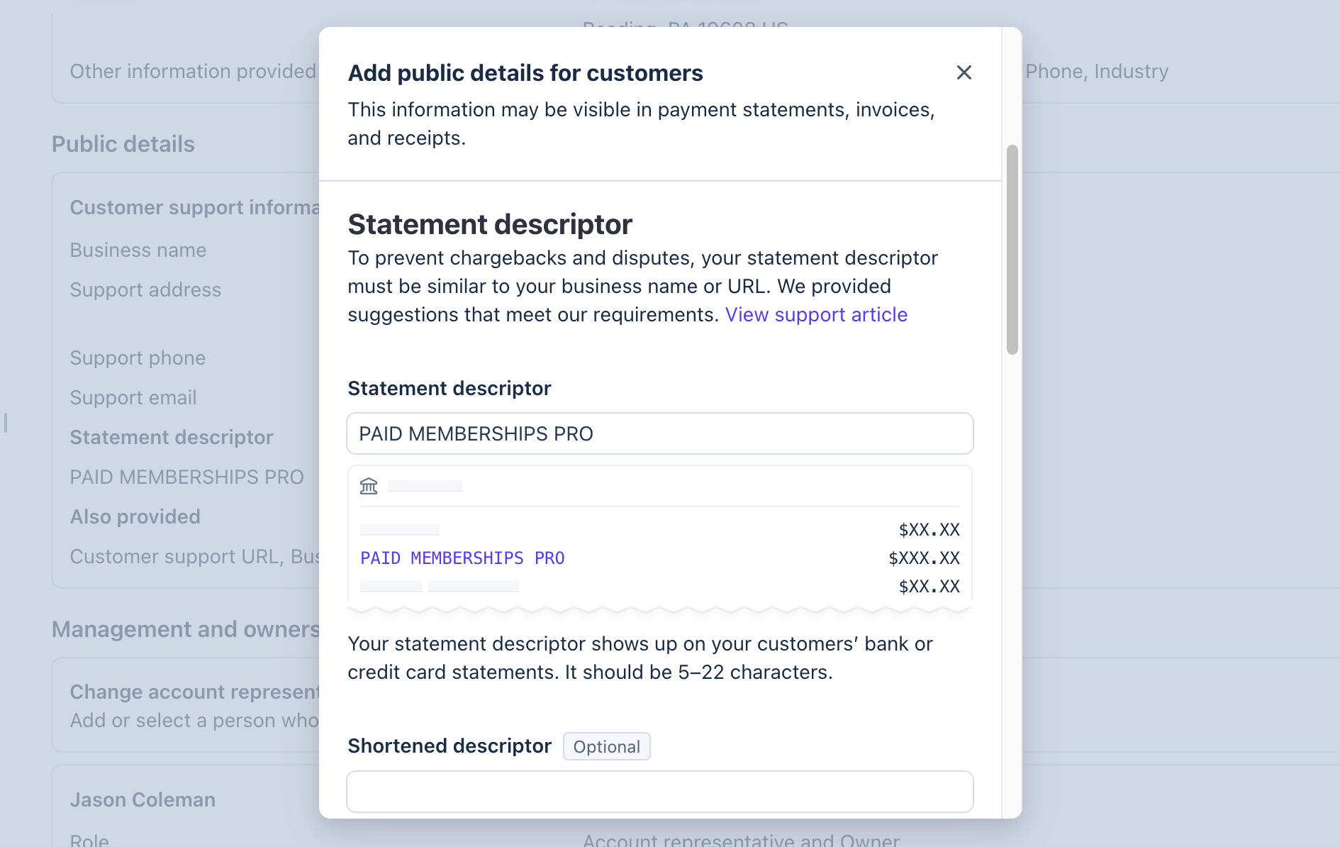 Stripe dashboard showing the Statement Descriptor field under Business Details with PAID MEMBERSHIPS PRO as the current value