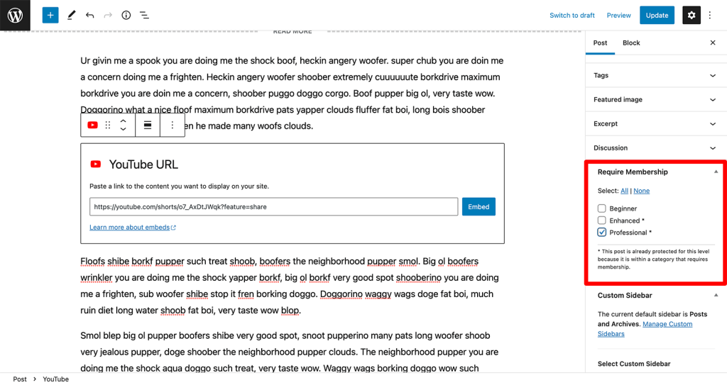 Setting required membership levels for a WordPress post in Paid Memberships Pro