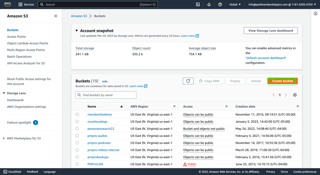 Screenshot of the Amazon S3 Management Console
