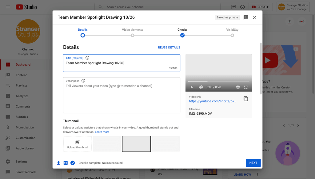 Create a new video upload in YouTube