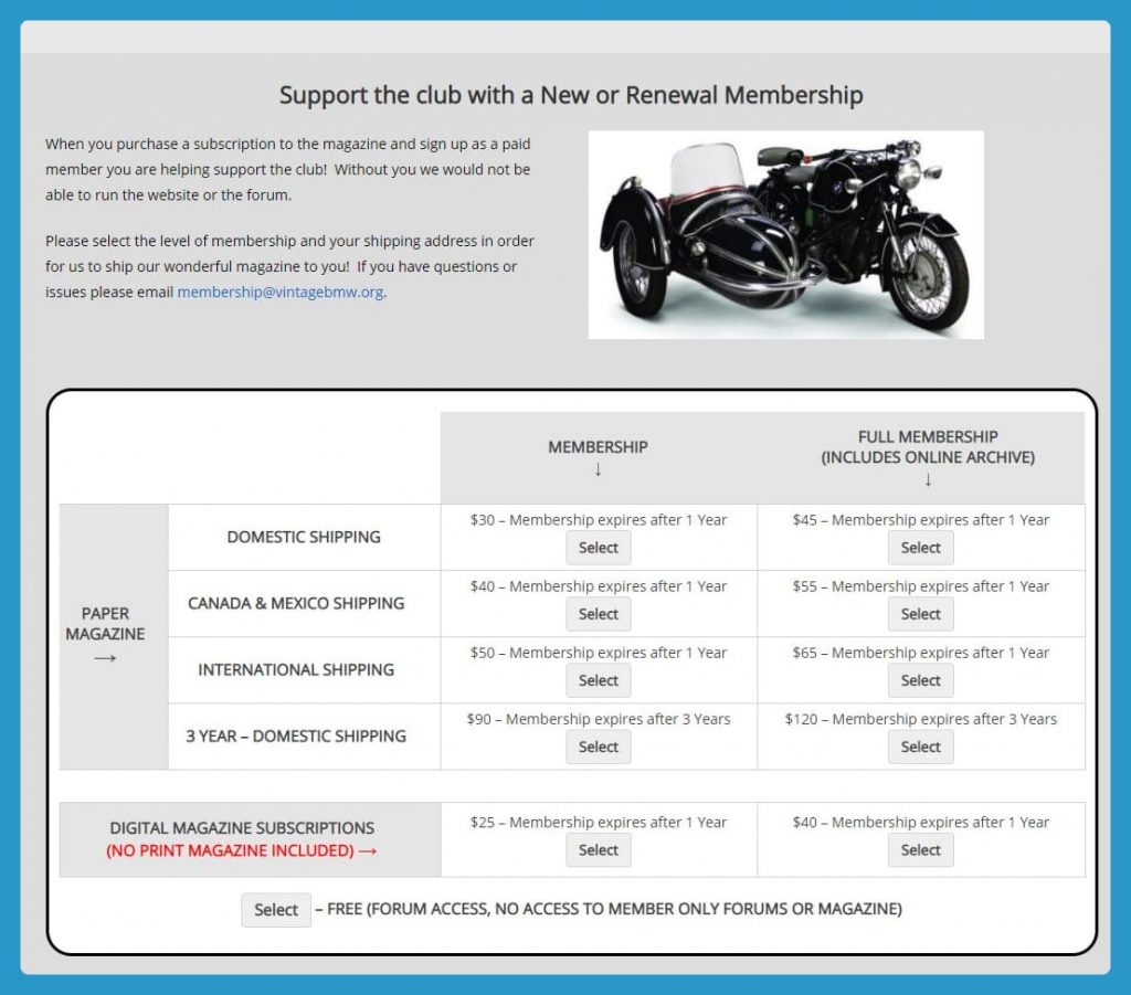 Vintage BMW Motorcylce Owners site Membership Levels