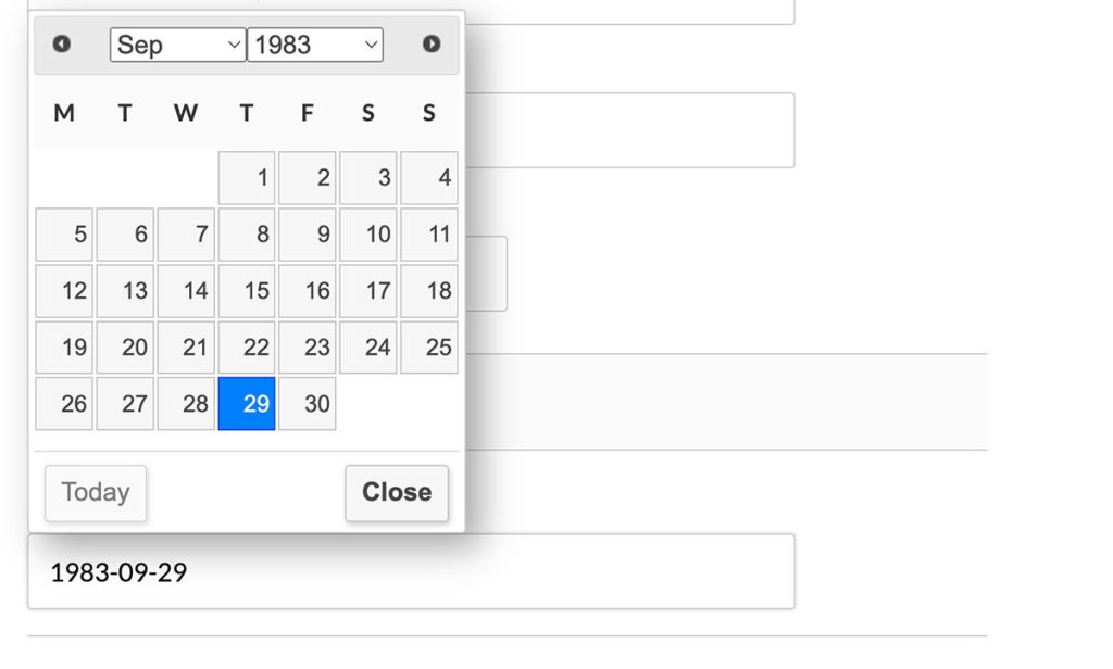 Screenshot of the User Profile Edit frontend page with a date picker field expanded
