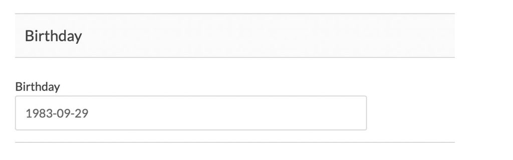 Screenshot of the User Profile Edit frontend page with a populated date field