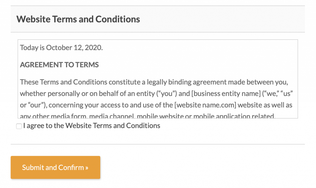 Website Agreement to Terms and Conditions