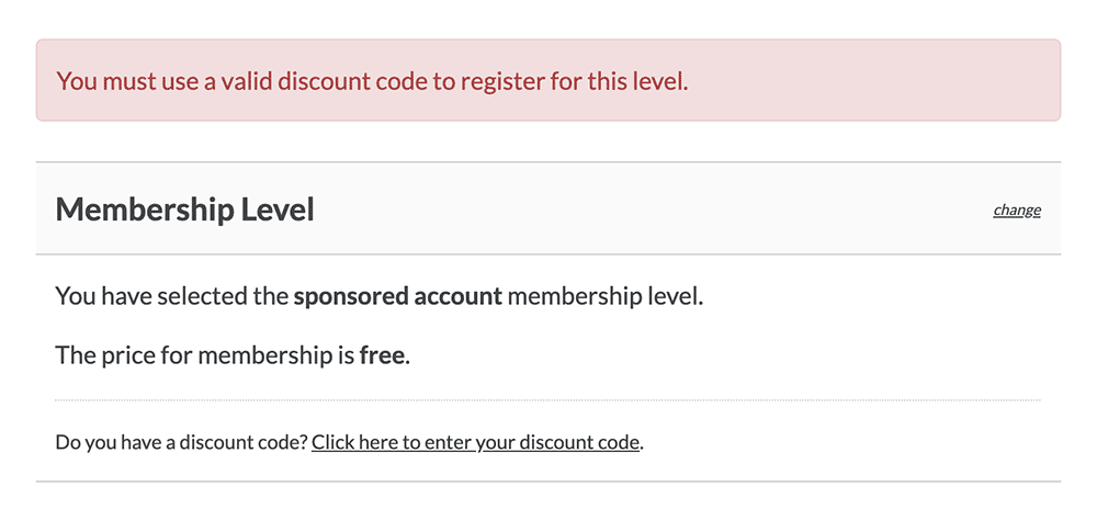 Screenshot of a failed membership checkout when no sponsor code was used.