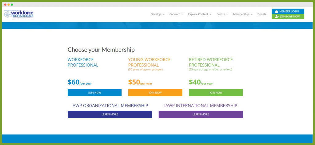 Screenshot of WorkForce Professional Choose Your Membership page